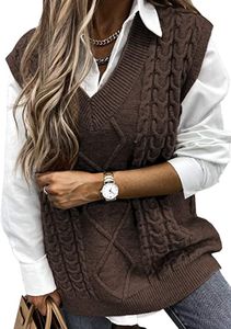 ASKSA Dámský pletený svetr bez rukávů s výstřihem do V, svetr s jednoduchým výstřihem pro volný čas, káva, S