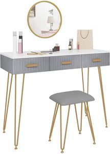 Toaletný stolík WOLTU s taburetkou, zrkadlom, toaletný stolík so zásuvkami, veľká doska, farba: sivá