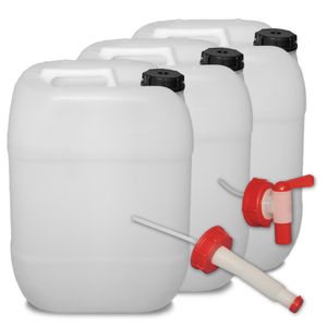 plasteo 3er Set: 20 Liter Getränke- Wasserkanister Natur mit Hahn, Schraubdeckel und flexiblem Ausgießer (DIN 61) | Lebensmittelecht | Tragbar | Indoor und Outdoor | BPA Frei