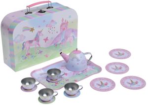 Jewelkeeper Spielzeug Kinderspiel Zinn Teeservice  Tragetasche Kindergeschirr Spielküche 15, Grün Safari + Lebensmittel