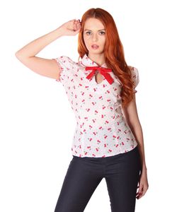 Clairy 50er Jahre retro Cherry Bubikragen Puffärmel Schlüsselloch Bluse, Größe:XXL, Farbe:weiss rot