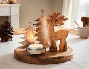 Kerzenhalter "Hirsch & Tanne" aus Mango Holz, Kerzenteller, Weihnachtsdekoration