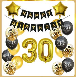30 Geburtstag Deko Set Schwarz Gold | Zahlen Girlande Luftballons Stern Ballons
