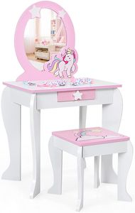 COSTWAY Detský toaletný stolík so stoličkou, toaletný stolík pre princezné so zásuvkou a odnímateľným zrkadlom, toaletný stolík ružový, toaletný stolík pre dievčatá od 3 do 7 rokov (biely)