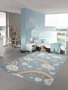 Kinderteppich Kinderzimmerteppich Regenbogen mit Wolken und Herzen in blau Größe - 140x200 cm