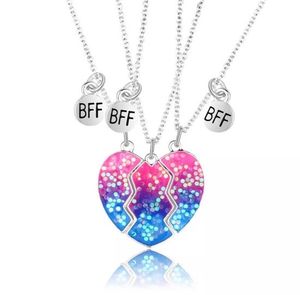 Bixorp Freundschaftskette für 3 mit Glitzer Herz und Magnet - Silberfarben Halskette - blau und rosa - BFF Kette für Mädchen - Geburtstags Geschenk