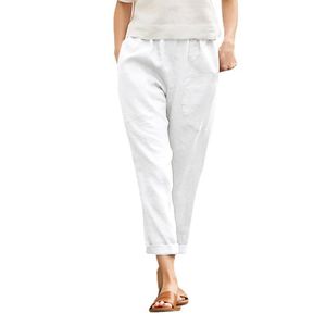 Damen Elastische Taille Baggy Beiläufig Baumwolle Leinen Gerade Hosen Freizeithosen,Farbe:Weiß,Größe:L