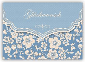 Schöne Retro Glückwunschkarte mit Vintage Kirschblüten Muster zur Hochzeit, Taufe, Geburt, Examen, hellblau: Glückwunsch