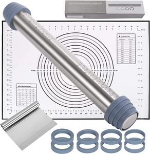 FNCF Nudelholz Edelstahl, Teigrolle mit Skala Dicke-Verstellbares Ringe, Teigroller mit 40*60cm Silikon Backmatte & Schaber
