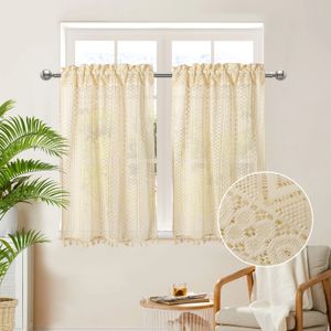 Boho Halbtransparent Gardinen 60x100cm Vintage Quaste Rutentasche Vorhänge Landhausstil Küche Wohnzimmer 1 Stück Creme