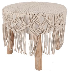 Makramee Hocker, Natürlicher Boho Hocker - Modell 3, Creme-weiß, Baumwolle,Holz, 40*45*45 cm, Sitzmöbel