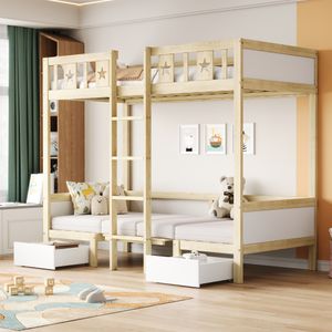 MODFU Etagenbett,Jugendbett, Kinderbett, 90x200cm, ,Holzbett,Bett/Schreibtisch 2 in 1, selbstgepolstert, mit 2 großen Schubladen, Bettrahmen mit Leiter, Holzfarbe,(Ohne Matratze)