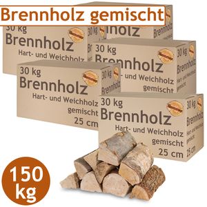 Brennholz Gemischt Kaminholz 150 kg Buche Eiche Birke Kiefer Fichte Holz Für Ofen und Kamin Kaminofen Feuerschale Grill Feuerholz 25 cm Wood Kammergetrocknet Flameup