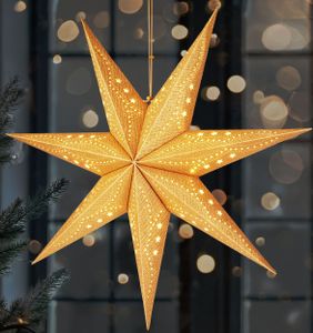BRUBAKER 3D Weihnachtsstern zum Aufhängen - LED Papierstern mit Timer - 60 cm Adventsstern Batteriebetrieben, Gold