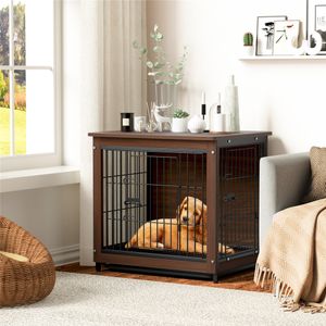 WISFOR Klec pro psy dřevo kov | S 63 x 59 x 51 cm | Box pro psy se 2 dvířky | Drátěná klec pro psy | Lze použít jako odkládací stolek