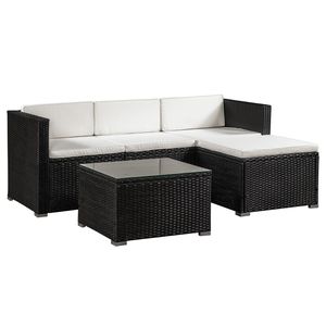 Juskys Polyrattan Lounge Punta Cana M schwarz – Gartenlounge Set für 3-4 Personen – Sitzgruppe mit Sofa, Tisch & Hocker - Sitzbezüge in Creme