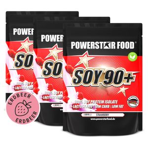Powerstar SOY 90+ | 3x1kg Soja-Protein-Isolat | Gentechnisch unverändert & GMO-frei | Veganes Eiweiß-Pulver zum Muskelaufbau | Strawberry