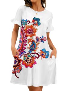 Damen Tunika T -Shirt Kleid Strandschwung Kurzmini Kleider Freizeit Crew Hals Sommer Sunddress,Farbe:Weiße Positionierung Cashewblume Blume,Größe:M