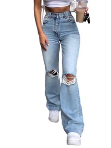 Damenmode Lange Jeans Tasche Reißverschluss Zerrissen Holes Pants Bell-Bottom Hose,Farbe:Blau,Größe:2XL