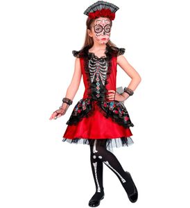 Dia de los Muertos Kinderkostüm - Skelett Kleid mit Haarreif | Rot Größe: 116