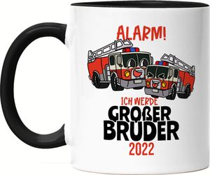 Ich Werde Großer Bruder 2022 Tasse Schwarz Ankündigung Schwangerschaft Feuerwehr-Auto Alarm Babynews