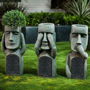 3 Stück Harz-Insel-Statue Lustige 25cm Moai-Skulptur Garten Blumentopf Statuen Garten-Deko Pflanzentopf