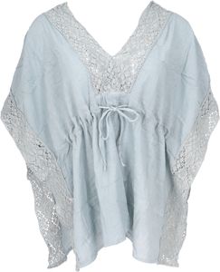 Kurze Kaftanbluse mit Spitze, Boho Kaftan - Helles Taubenblau, Damen, Baumwolle, Blusen & Tunikas