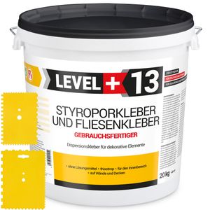 Súprava Lepidlo na polystyrén pripravené na použitie 20 kg Biele dekoračné lepidlo na obkladačky LEVEL+13 a plastový tmel 2 ks.