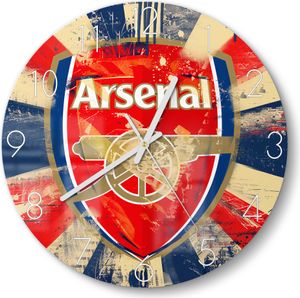 DEQOART Glasuhr Ø30 cm Zahlen 'Wappen FC Arsenal' Wanduhr Glas Uhr Design leise Küchenuhr