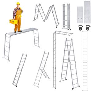VA-Cerulean viacúčelový rebrík hliníkový s plošinou 5,5 m Multifunkčný skladací rebrík pracovný rebrík pre domácnosť do 150 kg, 20 stupňov s 2 lešenárskymi doskami