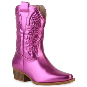 VAN HILL Damen Cowboy Boots Stiefeletten Stickereien Schuhe 840254, Farbe: Fuchsia Metallic, Größe: 40