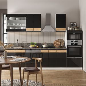 Livinity® Küchenzeile Fame-Line, 300 cm mit Hochschrank, ohne Arbeitsplatte, Schwarz-Eiche Hochglanz/Weiß