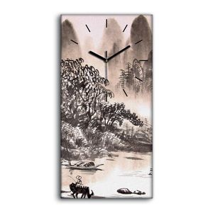 Wohnzimmer-Bild Leinwand Uhr 30x60 Chinesische Landschaft AquarellMalerei - schwarze Hände