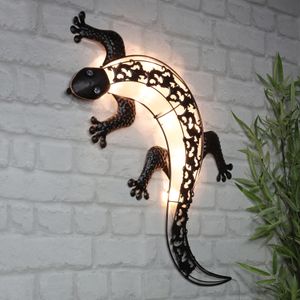 LED-Solar-Wand-Deko „Gecko“ 32 x 4 x 72cm -  10 Warmweiße LED – 2 Leuchtmodi – Dämmerungssensor – Solarpanel mit Erdspieß