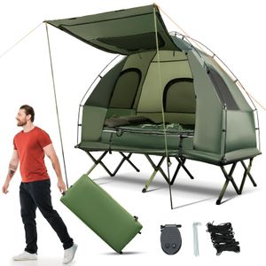 GOPLUS 5 in 1 Camping Zelt 2 Person mit Liege, Feldbett mit Sonnenschutz & Luftmatratze & Luftkissen & Schlafsack, inkl.Pumpe