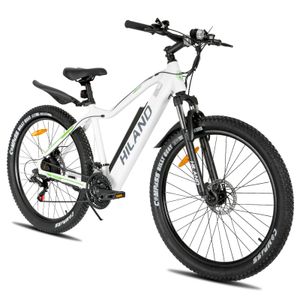 HILAND E-Bike 26 Zoll Fat Tire Elektrofahrrad Mountainbike, LCD Display, 21 Gang Shimano, Heckmotor 250 W, mit 10.4Ah Akku, Lock-out-Federgabel & Beleuchtungsset, E-Mountainbike für Damen und Herren, Trekking E-Bike, Weiß