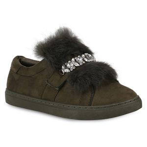 Mytrendshoe Damen Sneaker Low Fell Strass Freizeit Schuhe 820227, Farbe: Dunkelgrün, Größe: 37