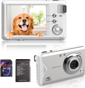 Fine Life Pro kompakte Digitalkamera, 4K HD 1080P 48MP Fotokamera mit 32 GB SD-Karte, 16-fachem Digitalzoom, elektronischer Bildstabilisator, weiß