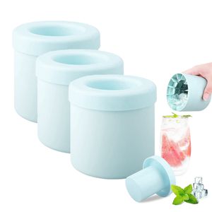 3 Stück Zylinder Eiswürfelform Silikon Eiswürfelbereiter Tasse Press Eiswürfelschale mit Deckel, Einfache Freigabe, für gefrorenen Whiskey, Cocktail, Getränke, Blau