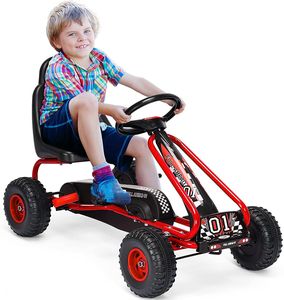 GOPLUS Gokart mit verstellbarem Sitz, Tretauto Go-Kart Tretfahrzeug mit Handbremse und geschlossener Kettenabdeckung, für Kinder ab 3 Jahren(Rot)