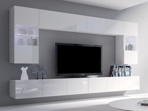 Moderne Wohnwand CALABRINI-1 Wohnzimmer-Set Hängewohnwand Schrankwand mit LED-Beleuchtung Hochglanz TV-Schrank Anbauwand (Weiß)