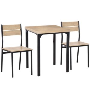 HOMCOM 3-teilige Essgruppe Küchentisch mit Metallgestell Esszimmergruppe Sitzgruppe Esstisch Set Holztisch Naturholzmaserung + Schwarz mit 1 Tisch + 2 Stühlen