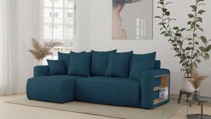 Sofa narożna z funkcją spania i podstawą łóżka SOLERO - sofa w kształcie litery L, sofa narożna, sofa rozkładana ze schowkiem, sofa z funkcją spania niebieska otomana lewa