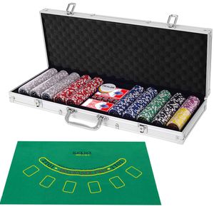 GOPLUS 500 Laserchips Pokerset, Poker Komplett Set, Pokerkoffer Set, inkl. 500 Laserchips, 2 Pokerdecks, 5 Würfel, 3 Dealer, Spielmatte & Aluminiumkoffer mit 2 Schlüssel, für Freizeit (Silber)
