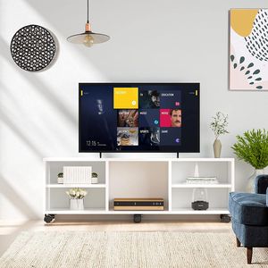 COSTWAY Fernsehschrank Holz, Fernsehtisch für TVs bis zu 64", TV Lowboard mit 5 offenen Fächern, TV Schrank auf Rollen, weiß, 140 x 40 x 47 cm