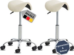 DELUKE® 2er Sattelhocker mit Rollen VOULI | Höhenverstellbar, Drehbar | Kunstleder pflegeleicht | Rollhocker Arbeitshocker Praxishocker Arzthocker Bürohocker Drehhocker | Creme