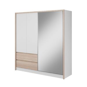 Schwebetürenschrank mit Spiegel und Schubladen 200 cm Weiß/Sonoma-Eiche