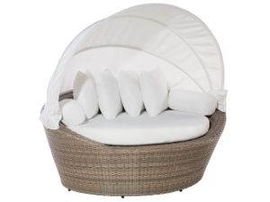 BELIANI Plážová židle světle hnědá / krémová bílá polyratanová bavlna 2místná sluneční stříška včetně polštářů