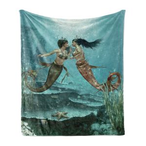 ABAKUHAUS Meerjungfrau Weich Flanell Fleece Decke, Die Komposition mit mythologischen Wesen in Bottom of Ocean Sea Star und Algen Motiv, 175 x 230 cm, Mehrfarbig