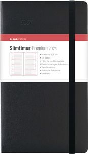 Slimtimer Premium Black 2024 - Taschen-Kalender 9x15,6 cm - mit Verschlussband & Falttasche - Balacron Einband - Weekly - 128 Seiten - Alpha Edition